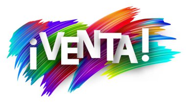 İspanyolca kelimesinin renkli soyut boya fırçası arkaplanının üzerinde koyu beyaz harflerle satışa sunulduğu vektör illüstrasyonu. İspanyol promosyon tasarımı.