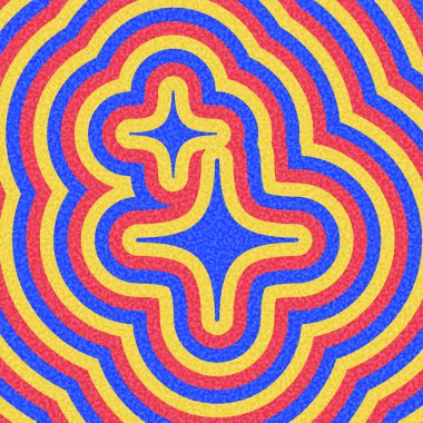 Stilize yıldız parlak mavi, kırmızı ve sarı dalgalanma deseninde parıldıyor. Vektör illüstrasyonu.