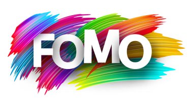 Kalın gökkuşağı fırça darbeleri üzerine beyaz FOMO metni. Kaybolma korkusu için kripto argosu.