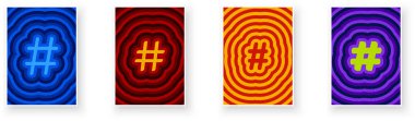 Canlı eşmerkezli dalgalanma arkaplanı üzerinde dört renkli hashtag sembolü.