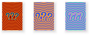 Çarpıcı renk kombinasyonları olan canlı retro dalgalanma tasarımlarındaki şekillendirilmiş soru işareti simgeleri üçlüsü. Vektör illüstrasyonu.