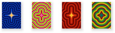 Eski eşmerkezli ve canlı renklere sahip kalın yıldız patlaması simgeleri. Vektör illüstrasyonu.
