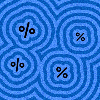 Mavi eşmerkezli dalga desenlerine yerleştirilmiş yüzde siyah işaretlerin vektör çizimi, tekrarlanan soyut bir arkaplan oluşturur.