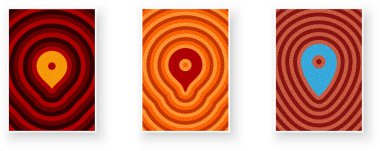 Kırmızı, turuncu ve mavi renkte dalgalı arka planlarda renkli harita broşürlerinin toplanması. Vektör illüstrasyonu.