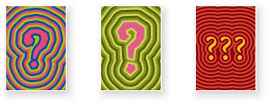 Psikedelik dalgalanma desenleri ve kalın zıt renkler içeren canlı soru işaretleri. Vektör illüstrasyonu.