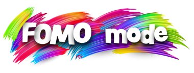 Renkli soyut fırça darbeleri üzerine kalın beyaz yazı tipi ile FOMO kipi metni. Vektör illüstrasyonu.