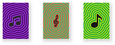 Canlı, dalgalı, eşmerkezli arka planlar üzerinde üç canlı müzikal sembol.