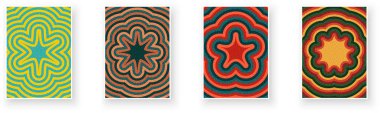 Dört renkli yıldız şekilli soyut desenler katmanlı dalgalanma etkileri. Canlı ve dekoratif. Vektör illüstrasyonu.