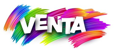 İspanyolca 'da parlak fırça darbelerinin üzerine kalın beyaz harflerle satılır. Vektör illüstrasyonu.