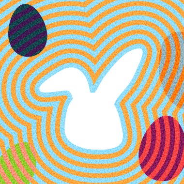 Dalgalı, renkli desenler ve dekoratif yumurtalarla çevrili bir Paskalya tavşanı siluetinin vektör çizimi modern bir şenlik tasarımı yaratıyor..