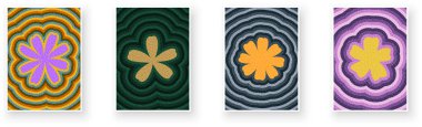 Cesur ve renkli arka planlara sahip dört stilize çiçek tasarımı. Eski veya modern tasarım temaları için ideal.