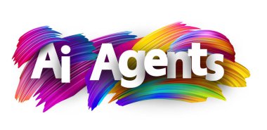 Yapay zeka ajanları, canlı ve soyut bir arkaplan üzerine yazı yazıyorlar. Yapay zeka araçları, otomasyon veya dijital asistanlar için vektör illüstrasyonu.