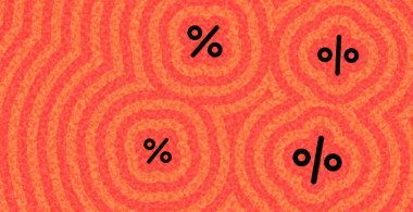 Kırmızı ve turuncu dalgalı arka plana dağılmış yüzde siyah işaretlerinin gösterimi stilize tekrarla.