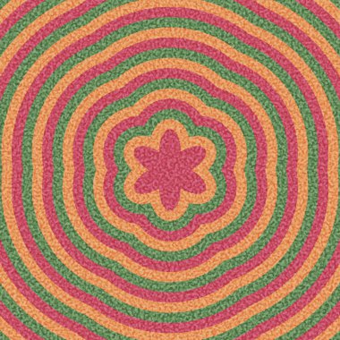 Renkli mandala tasarımı, altı yapraklı çiçek ve eş merkezli dalgalanma desenleri. Pembe, turuncu ve yeşil ile vektör illüstrasyonu.