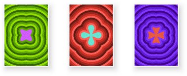 Yeşil, kırmızı ve mor renkli üç soyut çiçek ikonu var. Tasarım temaları için vektör illüstrasyonu.