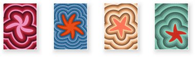 Katmanlı dalgalanma desenlerinde koyu pembe, turuncu, mercan ve kırmızı olmak üzere dört soyut yıldız patlaması şekli. Vektör illüstrasyonu.
