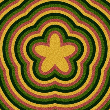 Katmanlı dalgalanma çizgilerinin üzerinde yeşil ve kırmızı renkte stilize edilmiş sarı çiçek. Vektör illüstrasyonu.