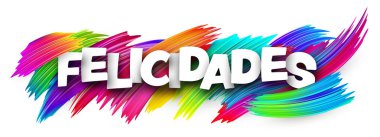 İspanyolca kelime, parlak çoklu renk fırça darbeleri üzerine kalın beyaz harflerle tebrikler demek.