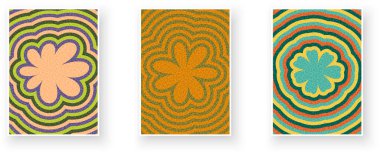 Üç tane renkli eş merkezli çiçek dizaynı. Renkli paletlerde eşmerkezli dalgalar. Desenli biçimdeki vektör illüstrasyonu.