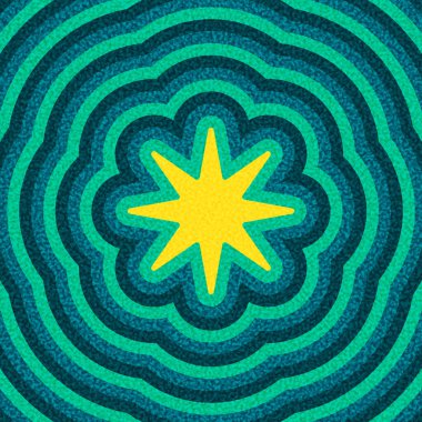 Parlak sarı yıldız patlaması, koyu soyut bir şekilde arkaplandaki deniz mavisi dalgalanmalarına odaklanır. Vektör illüstrasyonu.