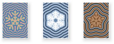 Değişik paletlerde kalın dalgalı arka planlara sahip üç renkli kar tanesi. Mevsimsel ve kış titreşimli vektör illüstrasyonu.