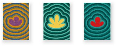 Her biri canlı dalgalı çizgilerle çevrili, mor, sarı ve kırmızı soyut yaprak tasarımları üçlüsü. Vektör illüstrasyonu.