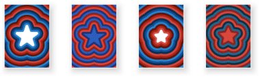 Dört kırmızı, mavi ve beyaz yıldız desenli kalın eşmerkezli dalga desenleri. Vatansever yeteneğe sahip vektör illüstrasyonu.