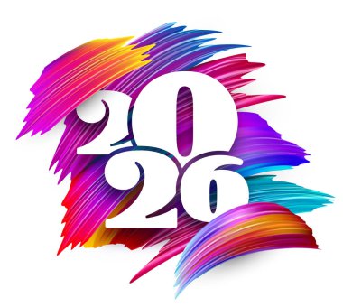 Canlı gökkuşağı fırça darbeleriyle 2026 metni. Festivalsel, yaratıcı ve modern grafik tasarımları için vektör illüstrasyonu.