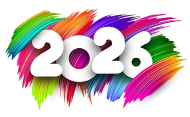 Gökkuşağı fırça darbelerinin üzerinde beyaz 2026 numara. Festivalsel, modern veya sanatsal tasarımlar için vektör illüstrasyonu ideal.
