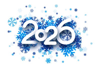 Beyaz 2026 numara katmanlı mavi kar taneleriyle çevrili. Buzlu ve şenlikli mevsim temalı. Vektör illüstrasyonu.