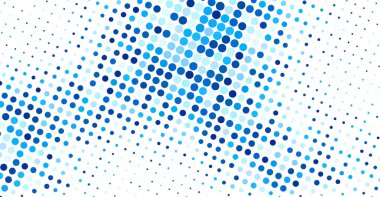 Beyaz zemin üzerinde açık ve koyu mavi noktalar olan dinamik yarım ton deseni modern bir soyut doku yaratıyor. Vektör illüstrasyonu.