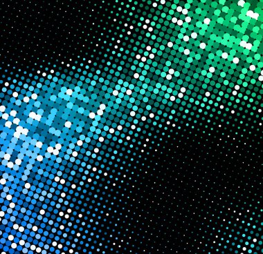 Siyah zemin üzerinde mavi ve yeşil benekli canlı yarım ton motifi modern dijital doku yaratıyor. Vektör illüstrasyonu.