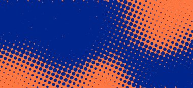 Turuncu üzerine koyu mavi noktalar olan soyut vektör yarım ton arkaplan. Dinamik noktalı gradyan efektli retro çizgi roman tarzı pop sanat dokusu.