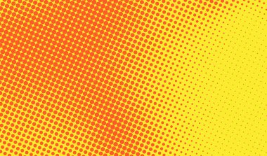 Sarı bir gradyan üzerinde büyük kırmızı noktalar olan retro çizgi roman tarzı yarım ton deseni. Parlak ve enerjik pop sanat geçmişi.