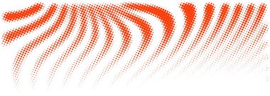 Kıvrımlı kırmızı yarım tonlu noktalar beyaz bir arkaplan üzerinde dalgalı çizgiler oluşturarak modern ve soyut bir görsel etki yaratır. Vektör illüstrasyonu.