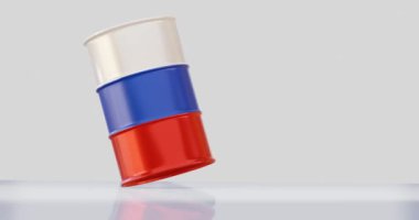 Enerji konsepti için Rus bayrağına düşen petrol varilinin 3D çizimi.