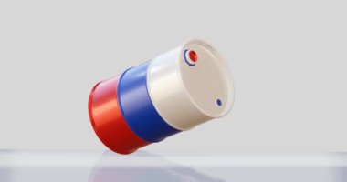 Enerji konsepti için Rus bayrağına düşen petrol varilinin 3D çizimi.