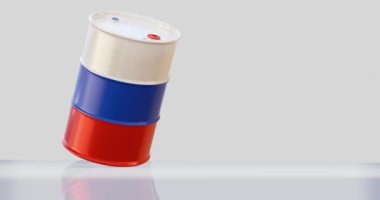 Enerji konsepti için Rus bayrağına düşen petrol varilinin 3D çizimi.