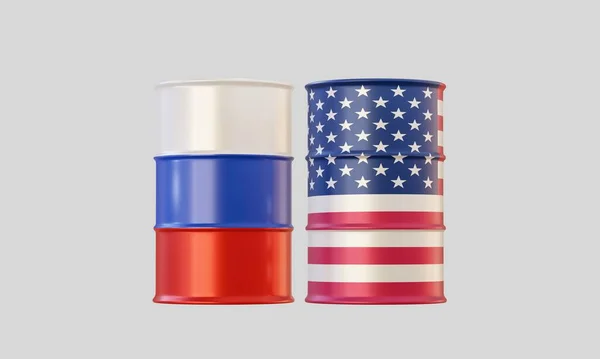 エネルギーや政治的概念のためのフラグ内の油バレルの3Dレンダリング — ストック写真