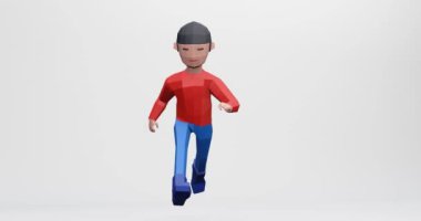 Koşan karikatür mankeni çocuğun acele zamanı için 3D canlandırması.