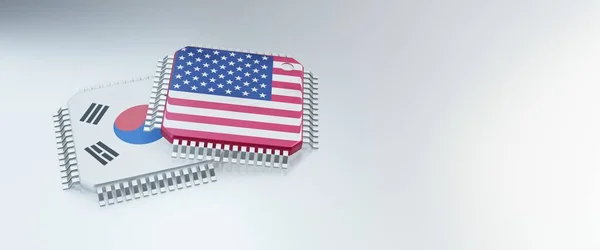 컴퓨터 공급망을 깃발에 마이크로칩 반도체 렌더링 — 스톡 사진