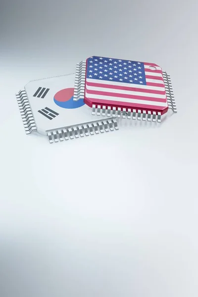 컴퓨터 공급망을 깃발에 마이크로칩 반도체 렌더링 — 스톡 사진