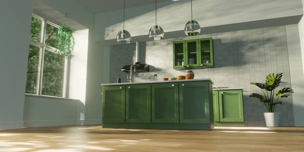 3d render of kitchen in morning for indoor interior design concept