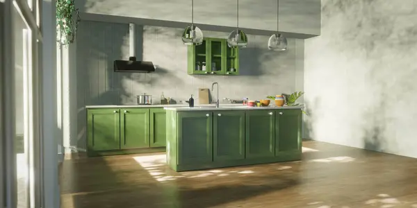 3d render of kitchen in morning for indoor interior design concept