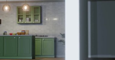 İç mekan tasarımı konsepti için geceleri 3D mutfak tasarımı