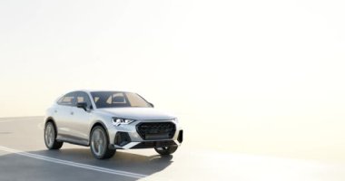 Seyahat ve ulaşım konsepti için otoyolda 3D SUV veya seyir aracı görüntüleme, video döngüsü.