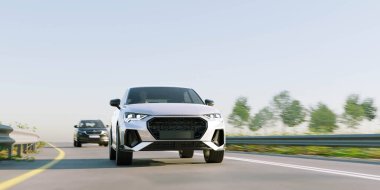 Seyahat ve ulaşım konsepti için otoyolda 3D SUV veya seyir aracı çizimi.