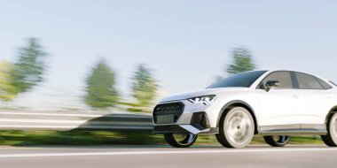 Seyahat ve ulaşım konsepti için otoyolda 3D SUV veya seyir aracı çizimi.