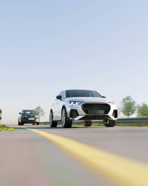 Seyahat ve ulaşım konsepti için otoyolda 3D SUV veya seyir aracı çizimi.