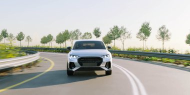 Seyahat ve ulaşım konsepti için otoyolda 3D SUV veya seyir aracı çizimi.